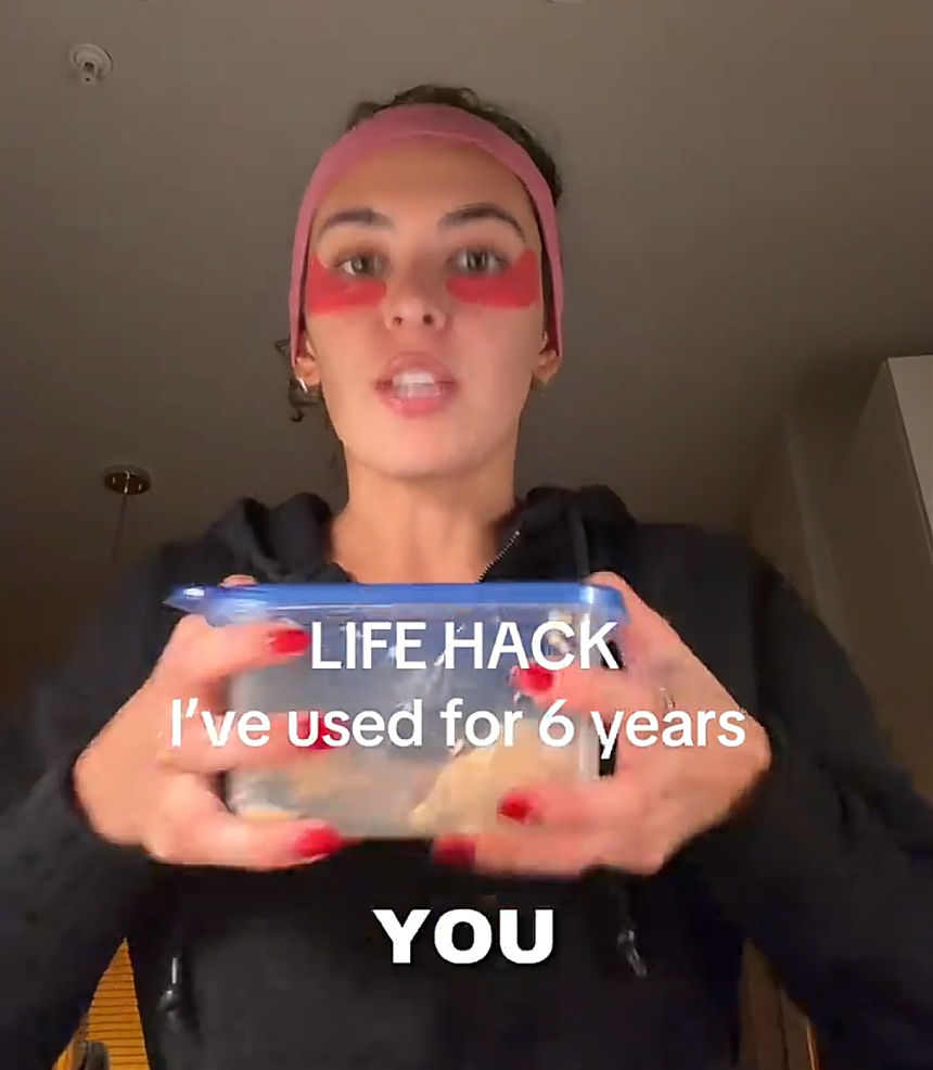 A person in a headband is holding a blue-lidded container, captioned, "LIFE HACK I've used for 6 years YOU."