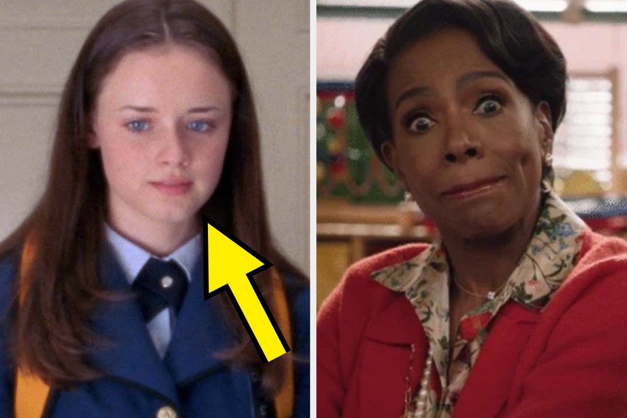 Two women from different TV scenes; left in a school uniform with a yellow backpack strap, right in a patterned blouse and red cardigan