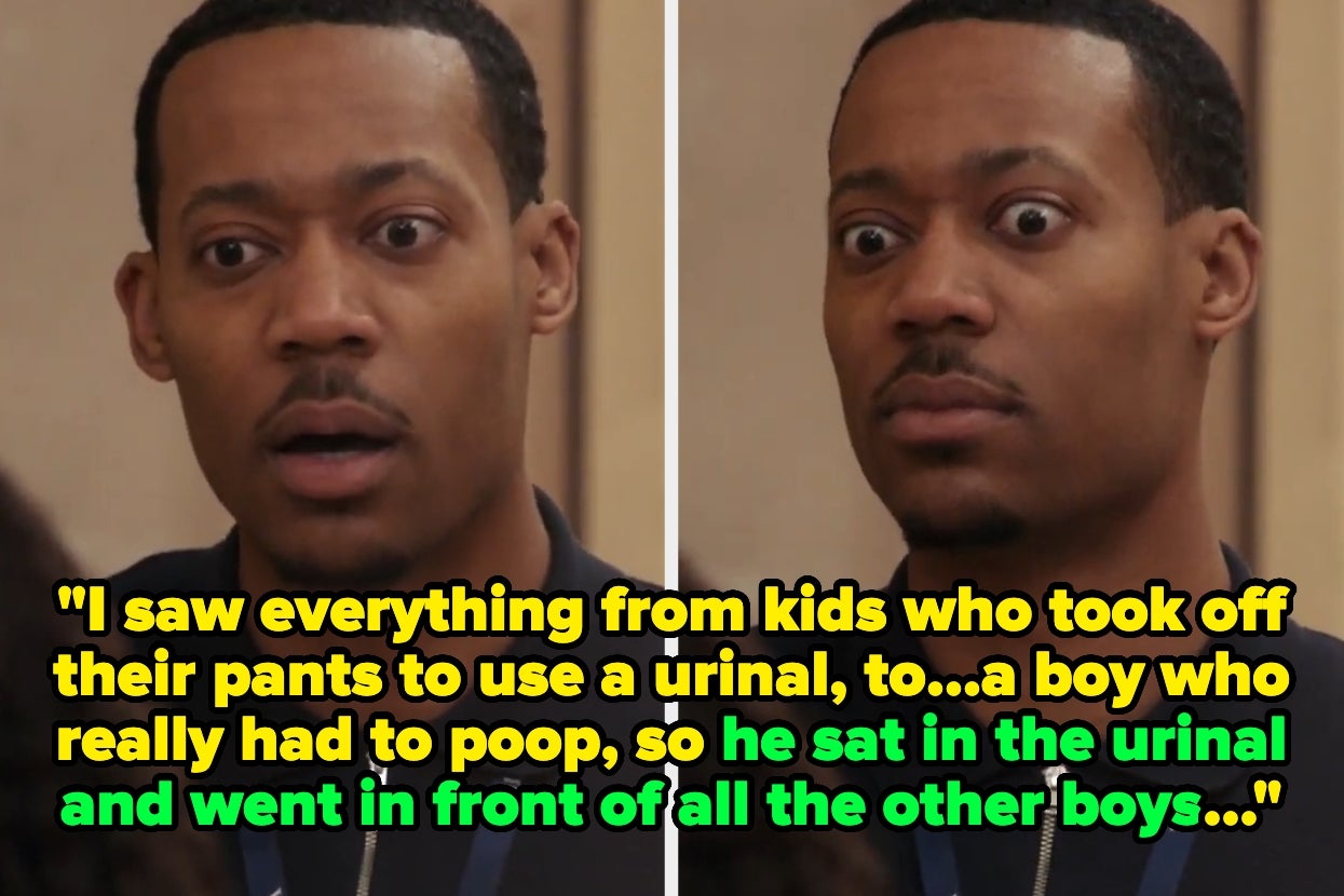 Split image of a person with surprised expressions; text recounts humorous restroom incidents involving kids