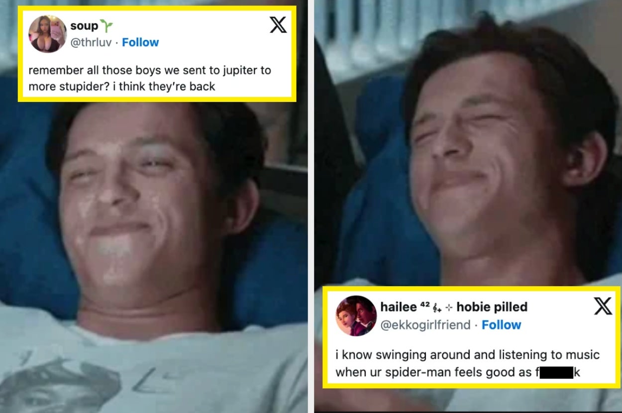 Two memes feature a man smiling contentedly. One caption jokes about sending boys to Jupiter to become more foolish, and another about enjoying music as Spider-Man
