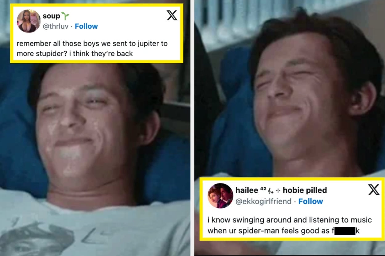 Two memes feature a man smiling contentedly. One caption jokes about sending boys to Jupiter to become more foolish, and another about enjoying music as Spider-Man