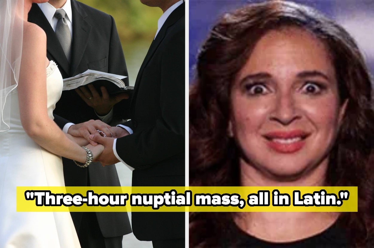 Split image: left shows a wedding ceremony; right is a woman with a surprised expression. Caption: "Three-hour nuptial mass, all in Latin."