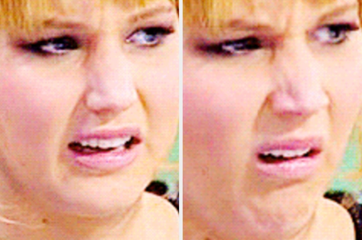 Person making a confused and disgusted expression with their mouth open slightly. Faces are shown in a split close-up view