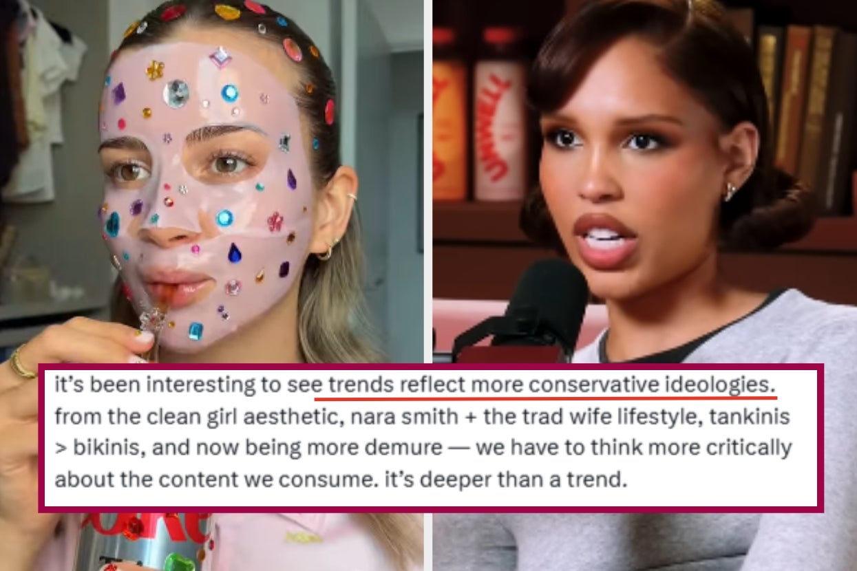 Two women appear side by side; left applies a jeweled face mask, right speaks in a podcast. A highlighted text critiques conservative lifestyle trends