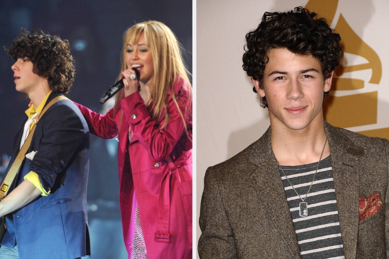Left: Nick Jonas and Miley Cyrus on stage. Right: Nick at an event