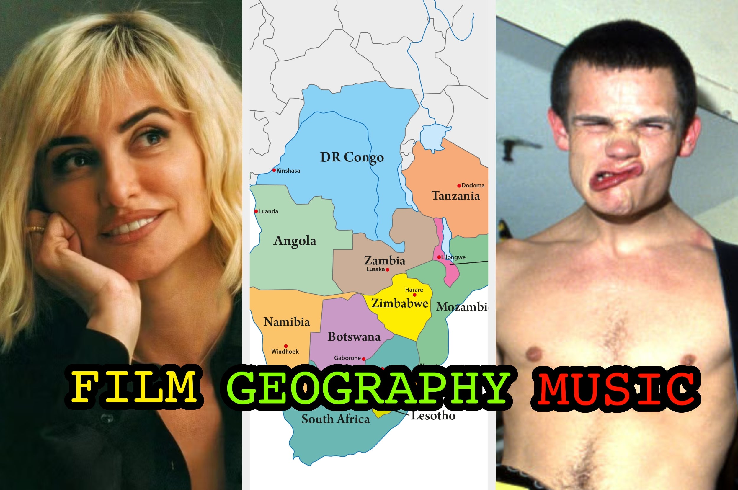 Person smiling, map of African countries, and person making a silly face. Text reads: "Film, Geography, Music."