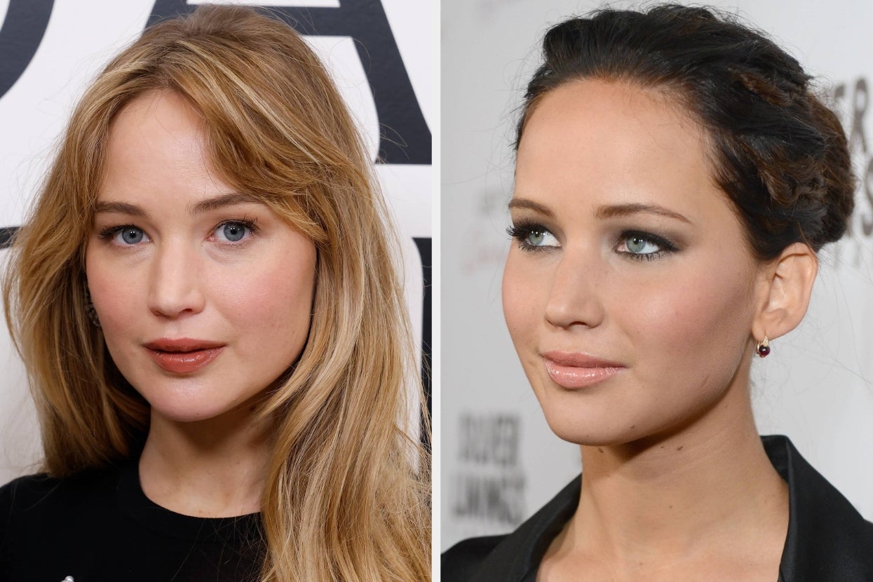Two photos of the same celebrity at different events: one with long loose hair and a black outfit, the other with an updo and a chic blazer