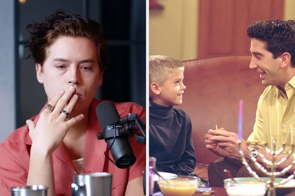 Left: Cole Sprouse speaking on a podcast. Right: Cole as a child with David Schwimmer in a "Friends" scene