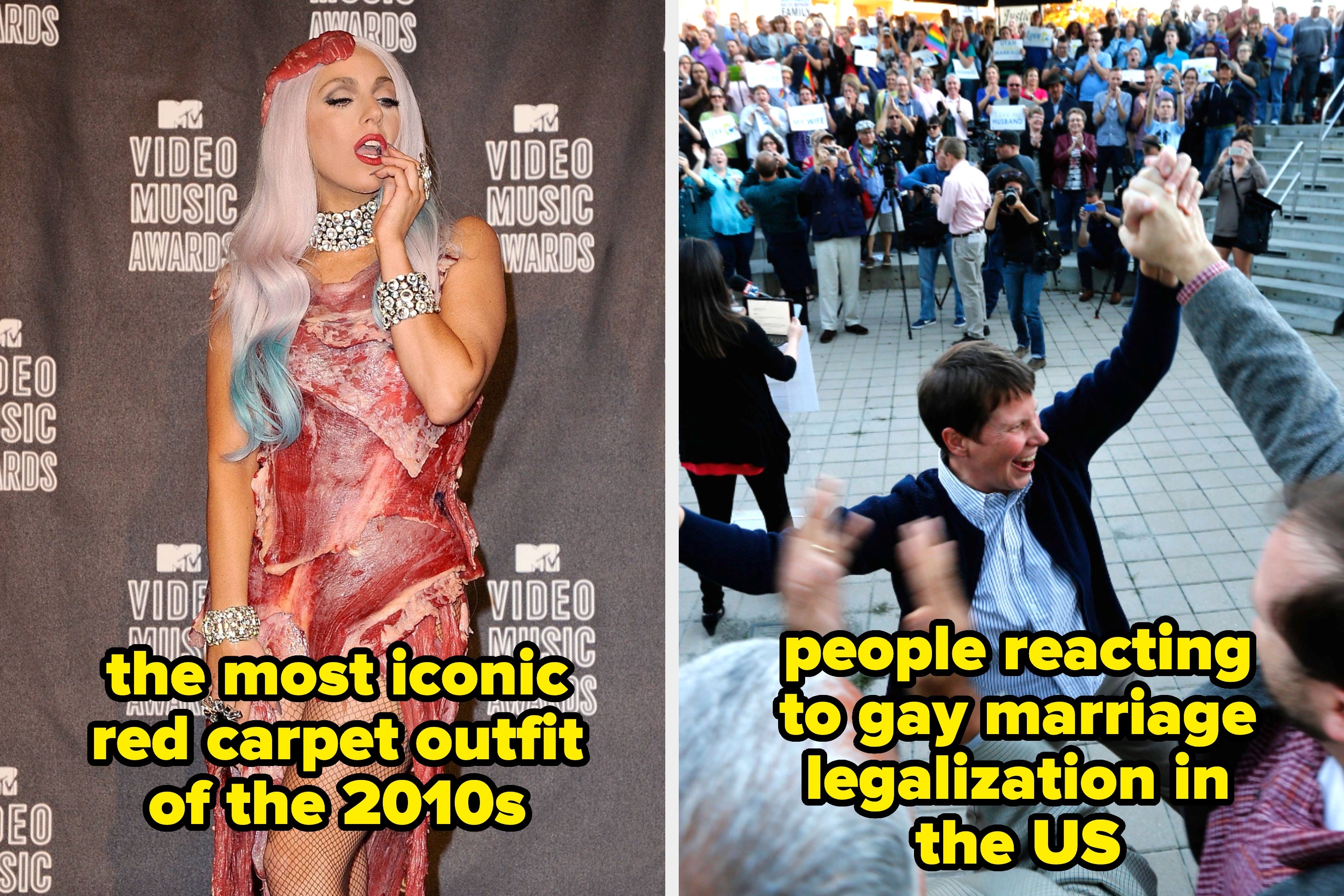 Left: Close-up of Netflix DVD envelopes. Right: Lady Gaga in a meat dress at the VMA awards event in 2010, posing on a red carpet with fishnet stockings and bold jewelry