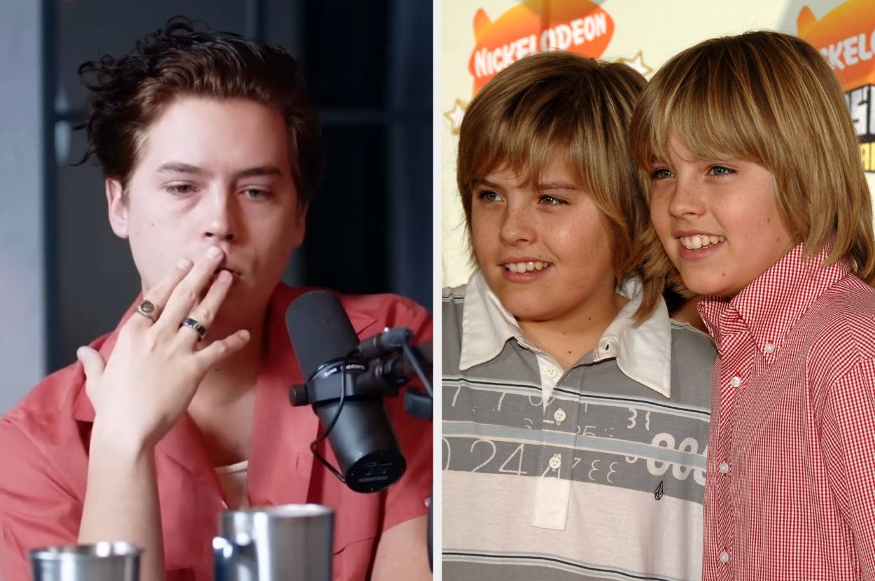 Left: Cole Sprouse speaking on a podcast. Right: Cole and Dylan Sprouse as kids at an event