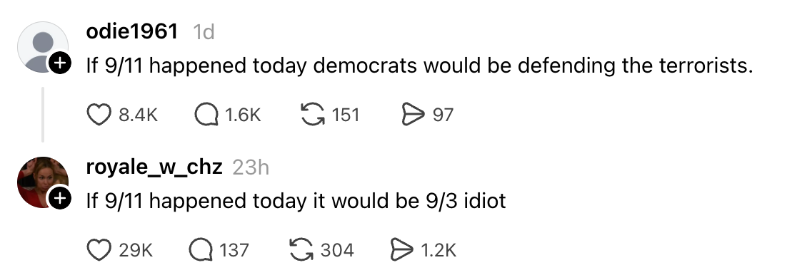 To sosiale medier-kommentarer: En antyder at demokrater ville forsvare terrorister; den andre korrigerer humoristisk datoen til "9/3 idiot."