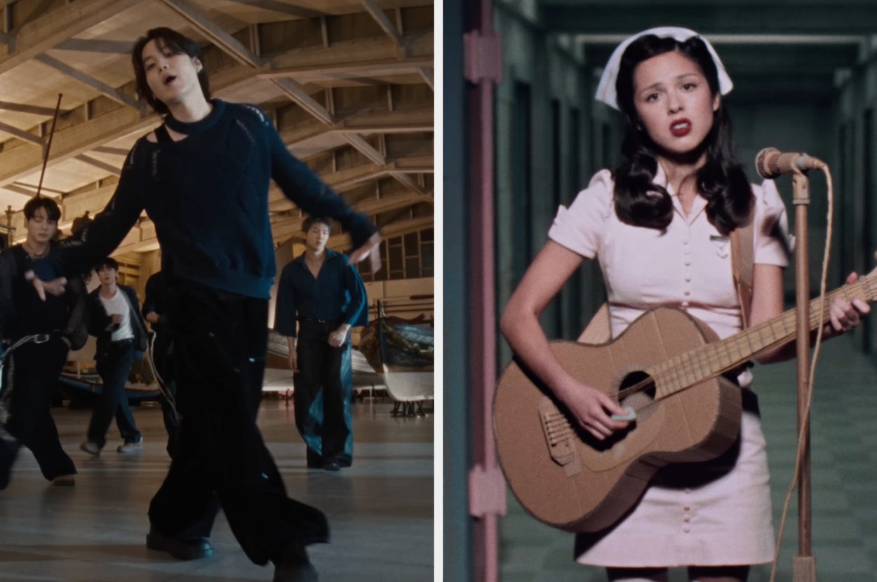 On the left, BTS performing Swim, and on the right, Olivia Rodrigo playing guitar in the The Cure music video