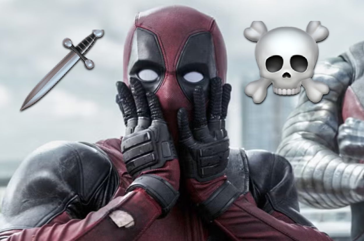 Character in superhero costume mimicking surprise with emoji graphics of a sword and skull