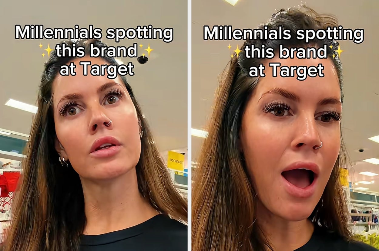 Two images of a surprised woman in a store, reacting to spotting a brand at Target; text above reads "Millennials spotting this brand at Target."