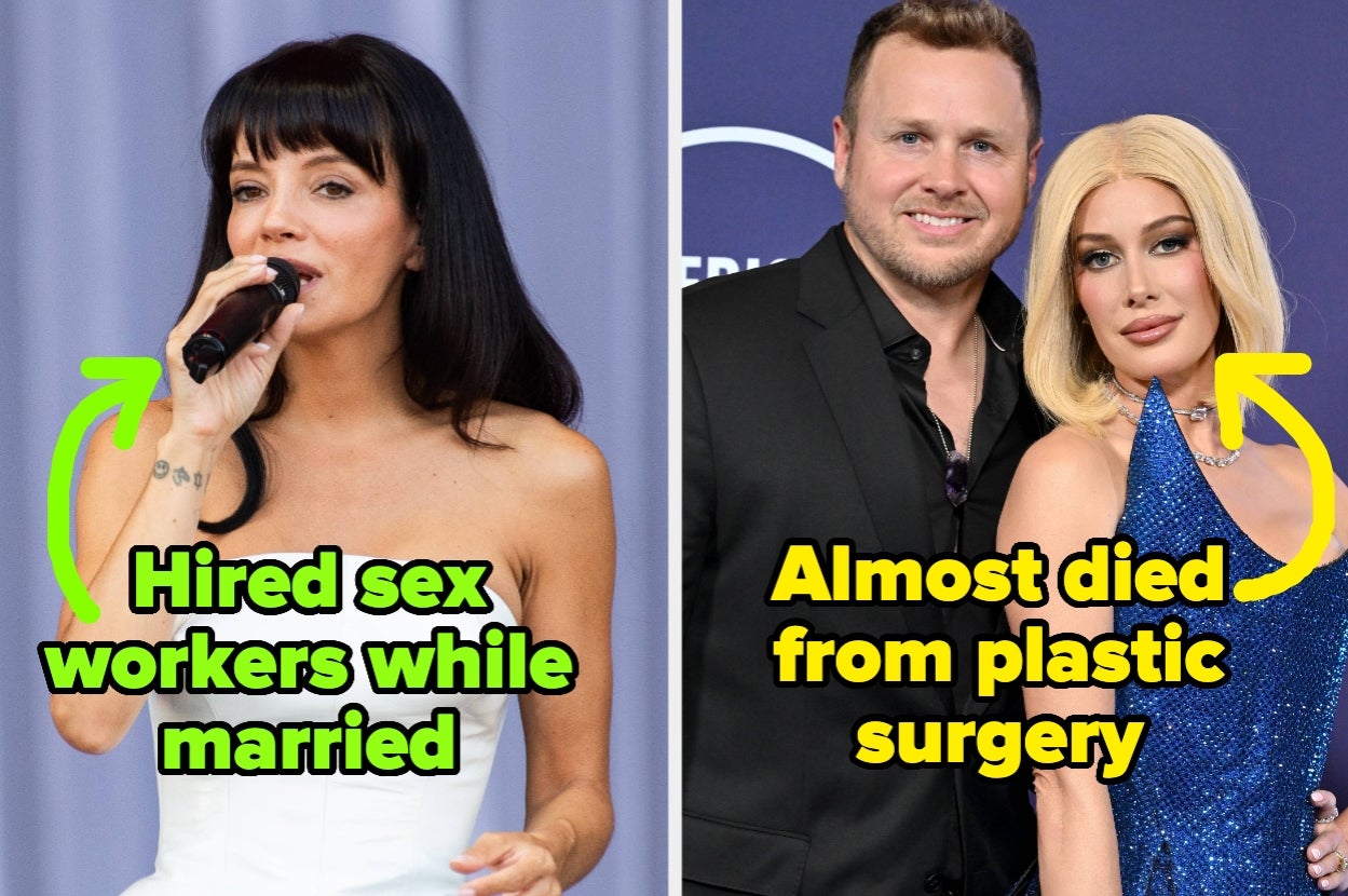 lily allen captioned "Hired sex workers while married" and heidi montag captioned "Almost died from plastic surgery"