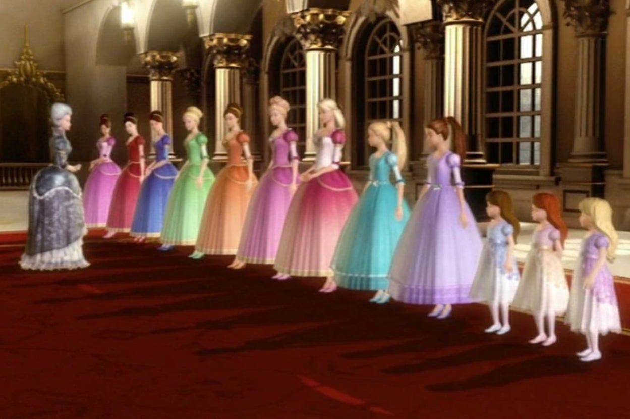 Animated scene of women and girls in matching gowns standing in a row in a grand hall, facing a woman in an ornate dress