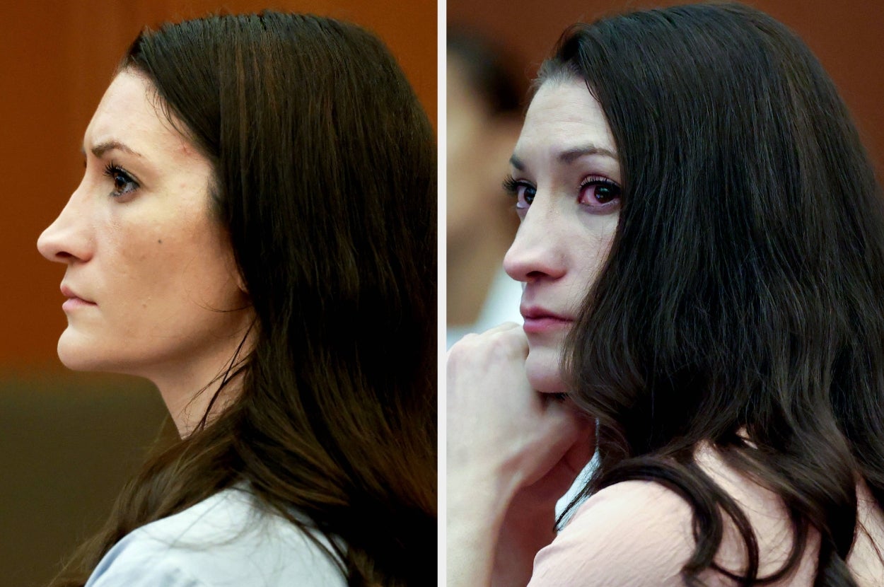 Two images of the same woman in a courtroom, looking serious and contemplative in each