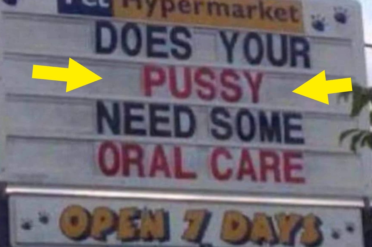 Pet store sign reads: "Does your cat need some oral care? Open 7 days."