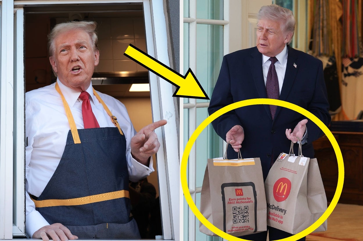 Person in apron gestures from a window; another holds fast-food bags. Arrows point to both, highlighting action
