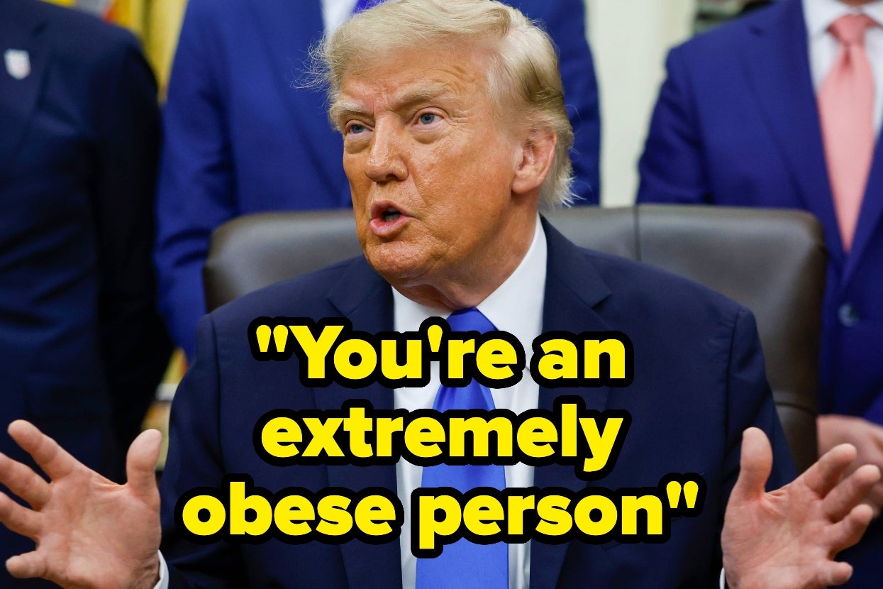 A person in a suit gestures with hands raised, caption text reads: "You're an extremely obese person."