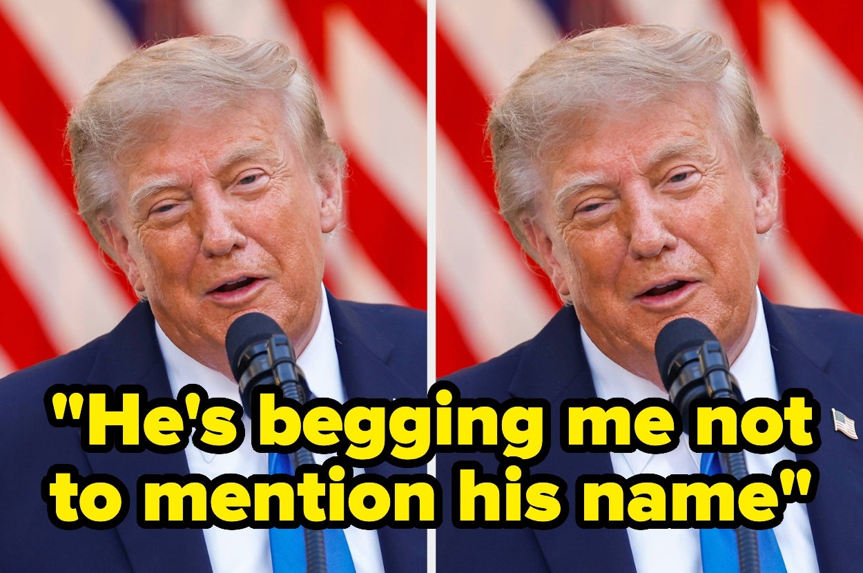 A man in a suit speaks at a podium with a text overlay saying, "He's begging me not to mention his name."
