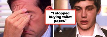 Two images of tired people with quotes about post-work habits: peanut butter crackers and not buying toilet paper