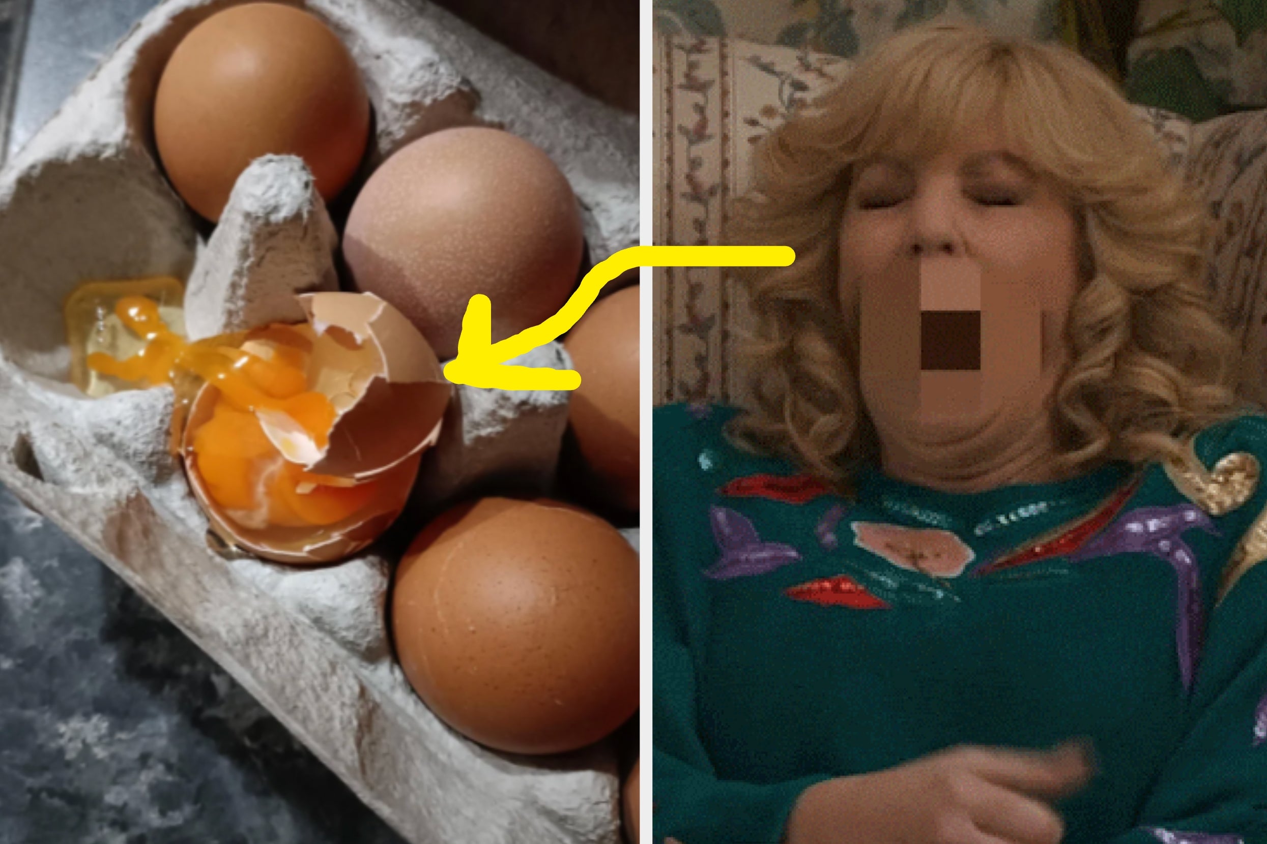 A broken egg in a carton is shown with an arrow pointing to a woman on a couch with her mouth wide open, possibly reacting to the egg