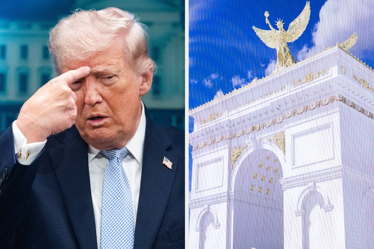 Person gestures near forehead on left; ornate building with eagle statue on right