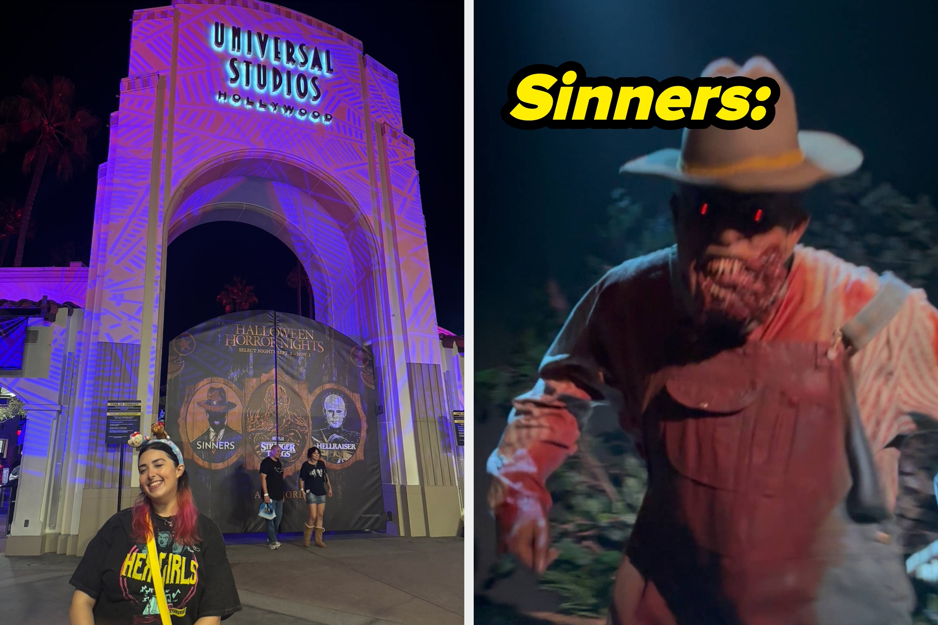 Person smiling in front of the iconic Universal Studios Hollywood entrance at night, wearing a casual outfit