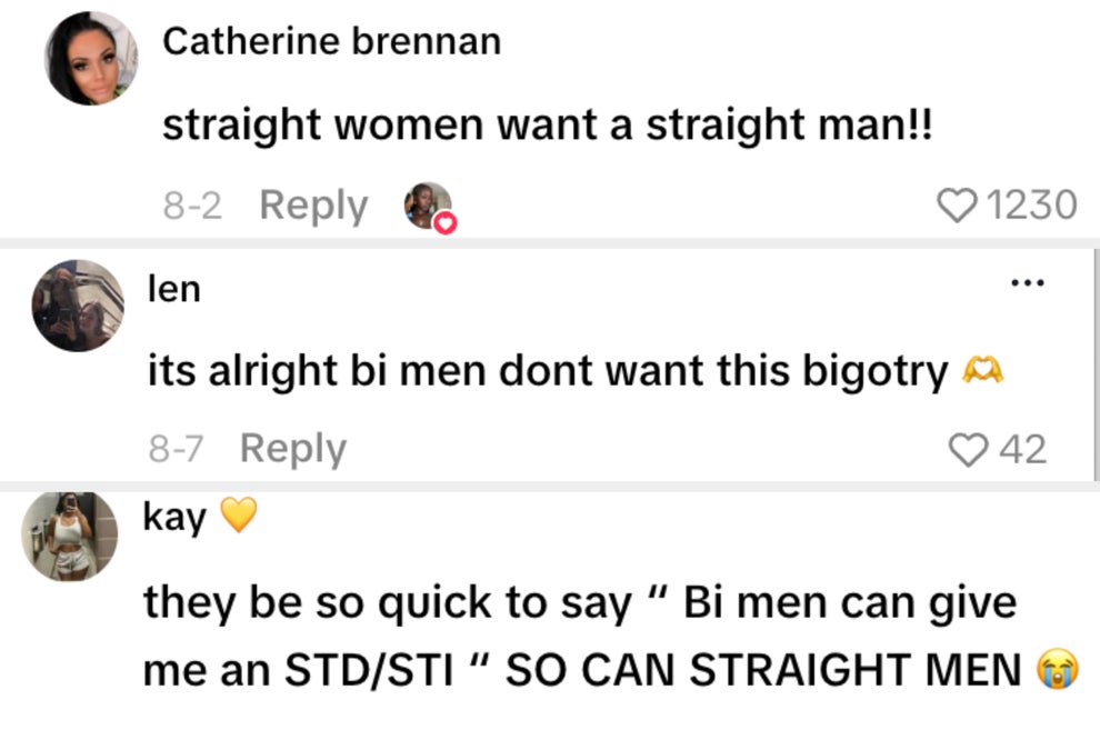Comments discussing bisexual men, with the first expressing a preference for straight men and others countering with points on bigotry and misconceptions