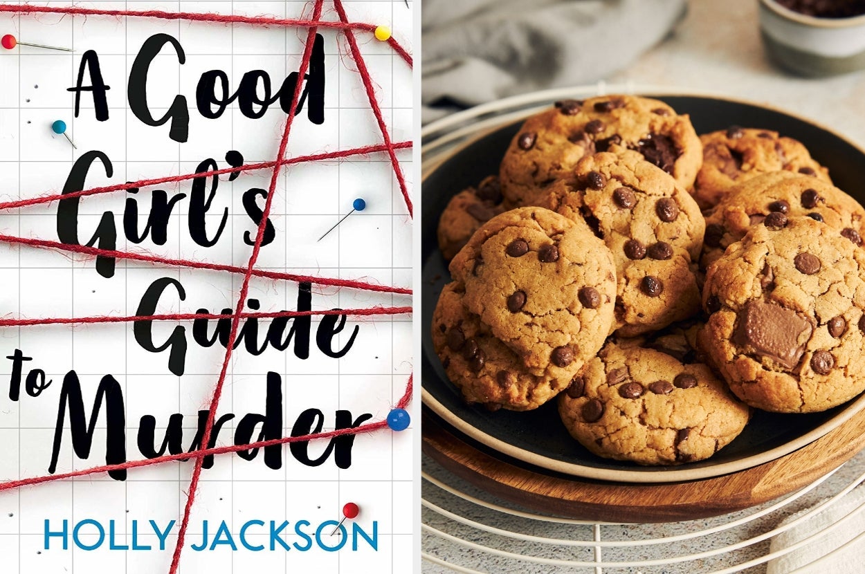 Book cover of "A Good Girl's Guide to Murder" by Holly Jackson next to a plate of chocolate chip cookies