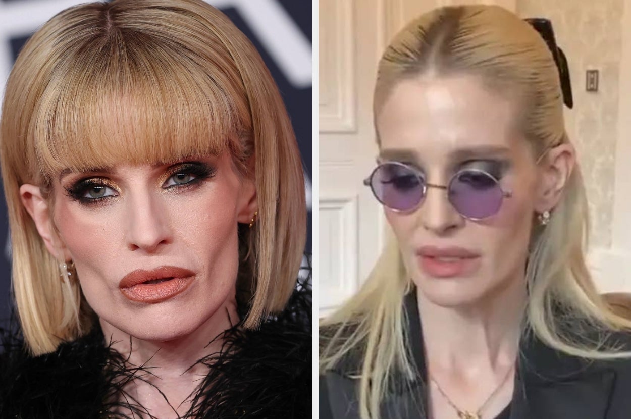 Two images side by side of a celebrity. Left: glamorous with heavy eye makeup and sleek bob. Right: casual with sunglasses and long hair
