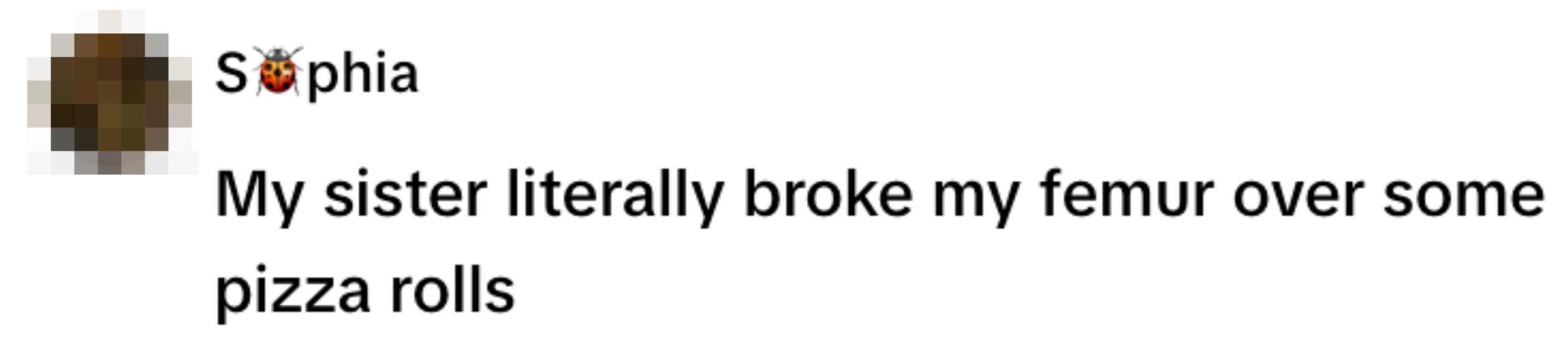 Sophia posts: "My sister literally broke my femur over some pizza rolls."