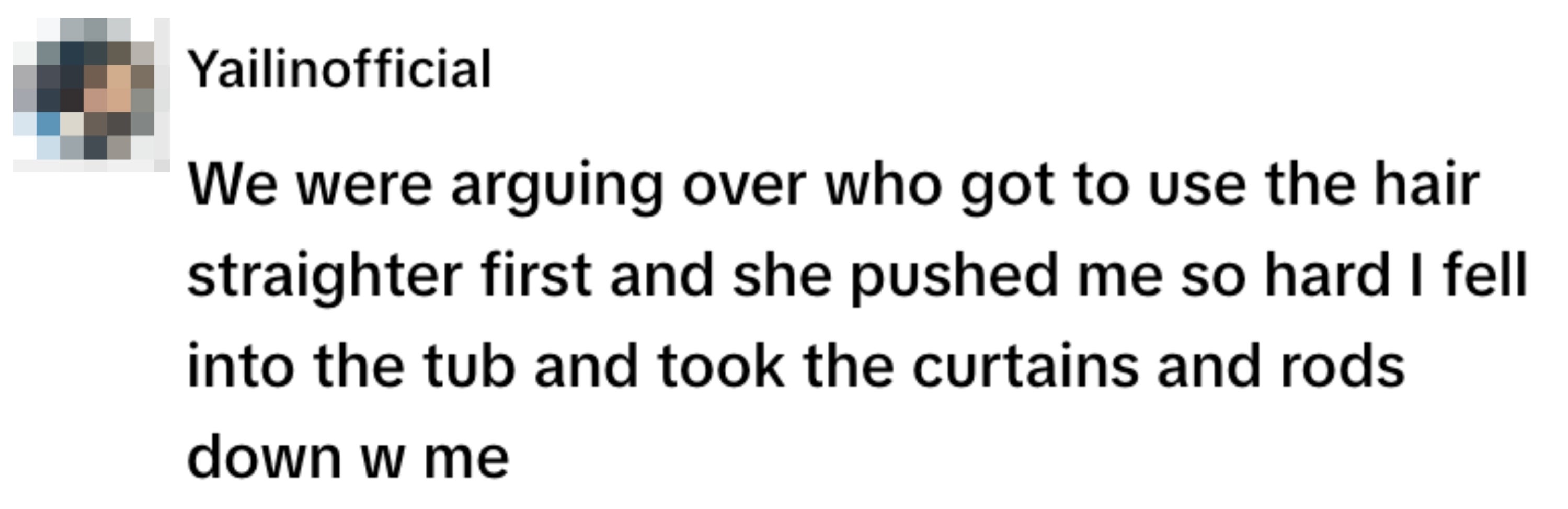 Text post by Yaliinofficial about a humorous incident involving a hair straightener dispute leading to a fall into the tub with curtains and rods