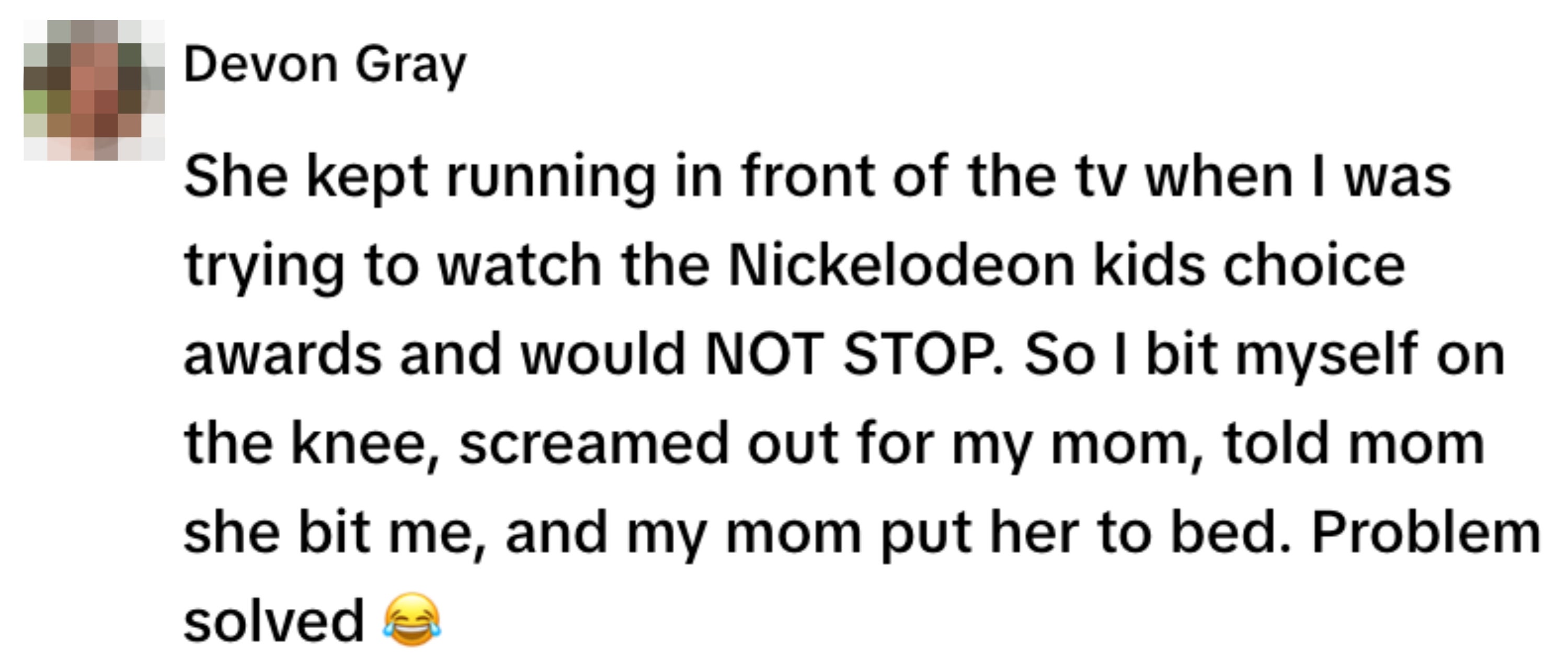 Summary of a humorous social media post about a child biting themselves to get someone else into trouble