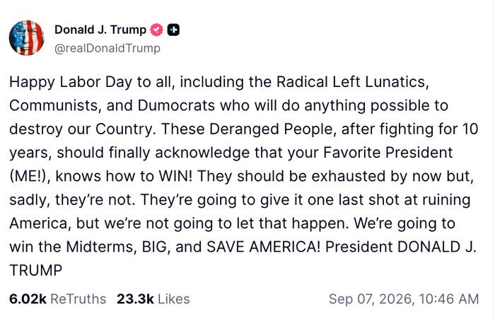 Social media post by a public figure criticizing political opponents, mentioning Labor Day and midterm elections