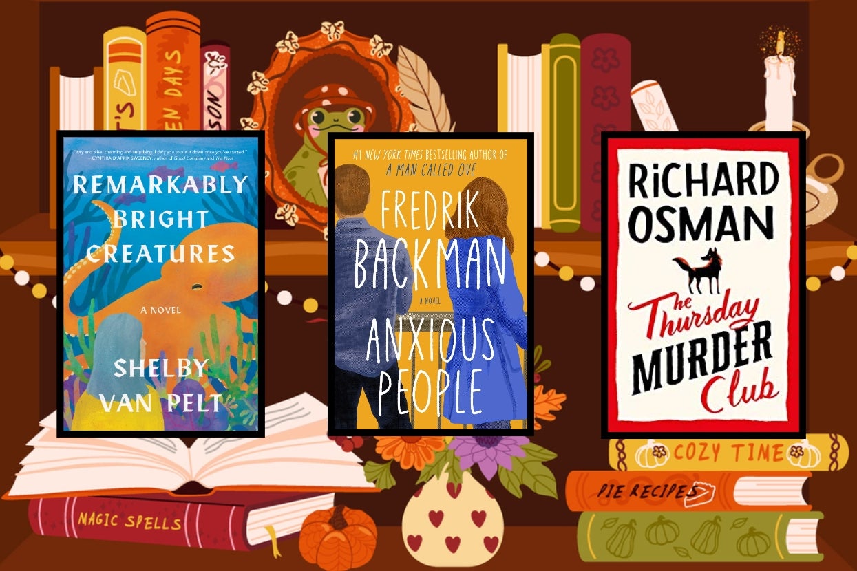 Three book covers: "Remarkably Bright Creatures" by Shelby Van Pelt, "Anxious People" by Fredrik Backman, and "The Thursday Murder Club" by Richard Osman