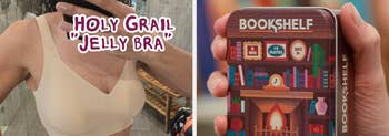 Person modeling a seamless beige bra labeled "Holy Grail 'Jelly Bra'." Beside them, a decorative tin labeled "Bookshelf" with a cozy book-themed design