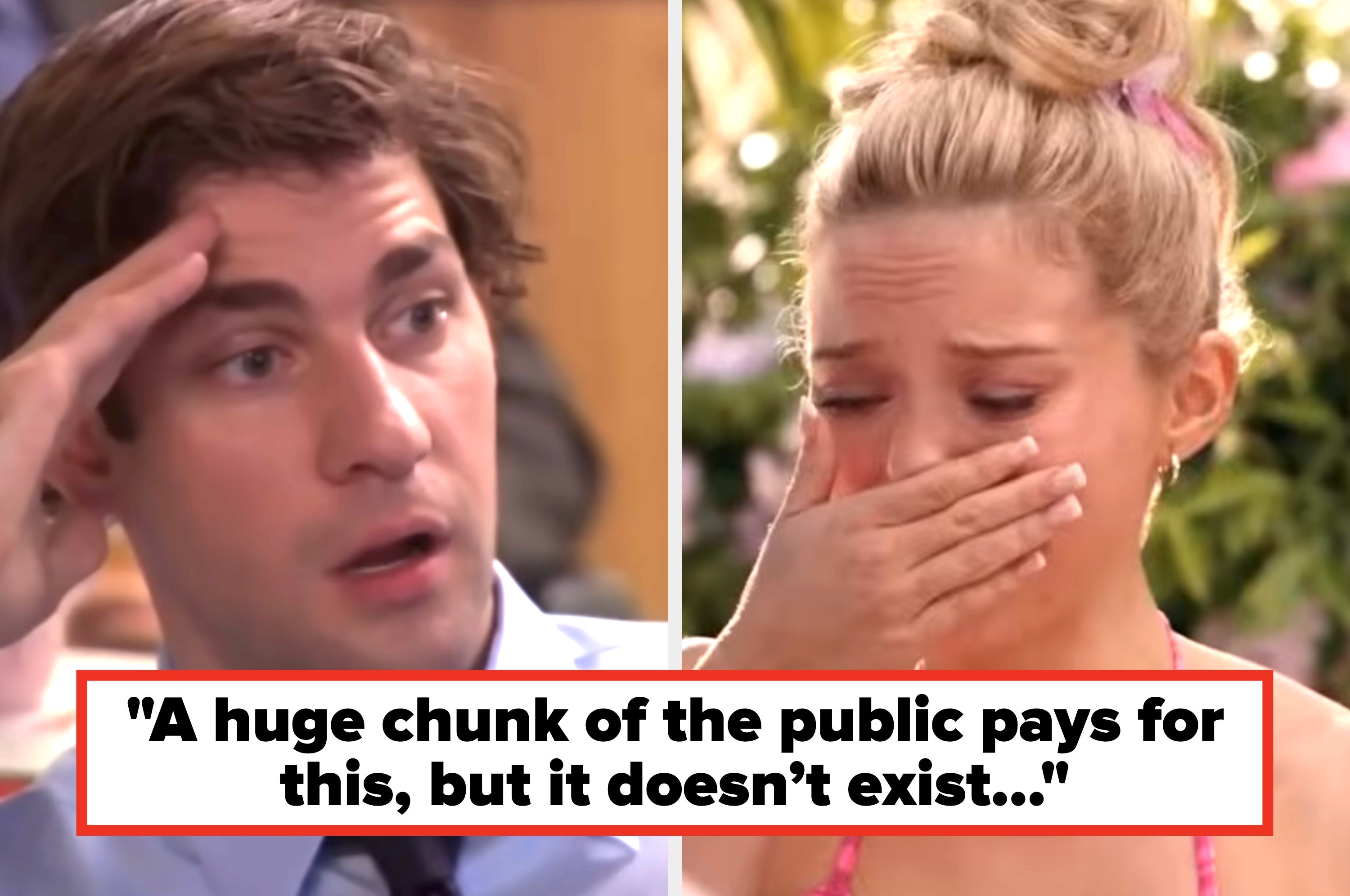 Two meme-style images: Left shows a man with a surprised expression, right shows a woman crying with her hand on her mouth