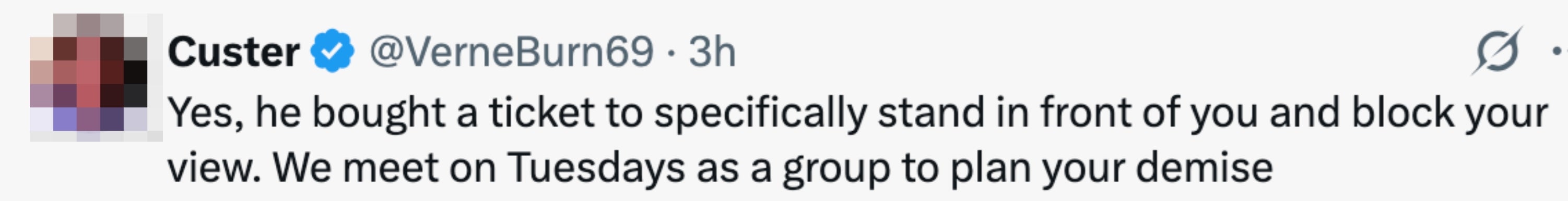 Tweet fra brukeren Custer som sarkastisk nevner et gruppemøte for å planlegge noens bortgang