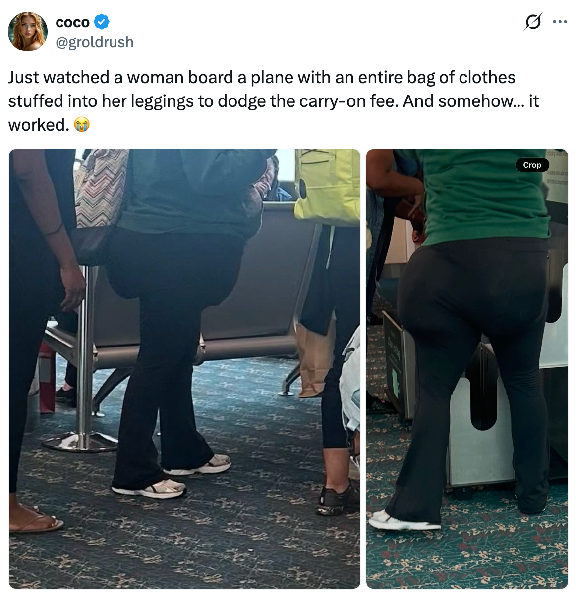 En tweet beskriver en kvinne som går om bord på et fly med klær skjult i leggings for å unngå håndbagasje, ledsaget av to bilder som viser scenen