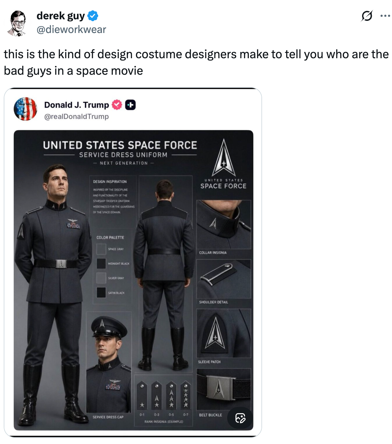Tweet som håner et Space Force-uniformdesign, og sammenligner det med filmskurkeantrekk. Inkluderer et bilde av en person som modellerer uniformen