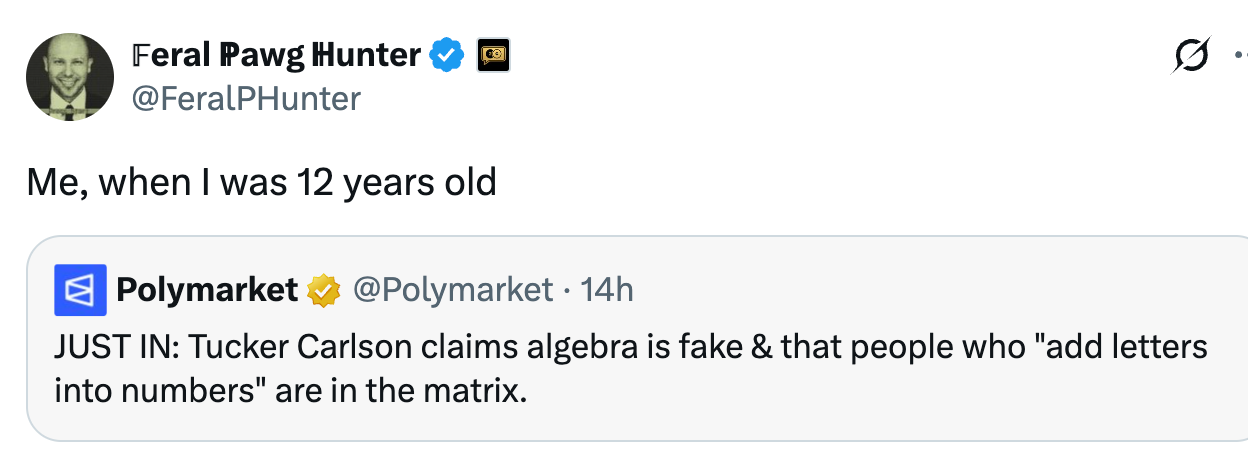 Tweet hevder humoristisk Tucker Carlson sier at algebra er falsk og å bruke bokstaver i matematikk er som å være i matrisen