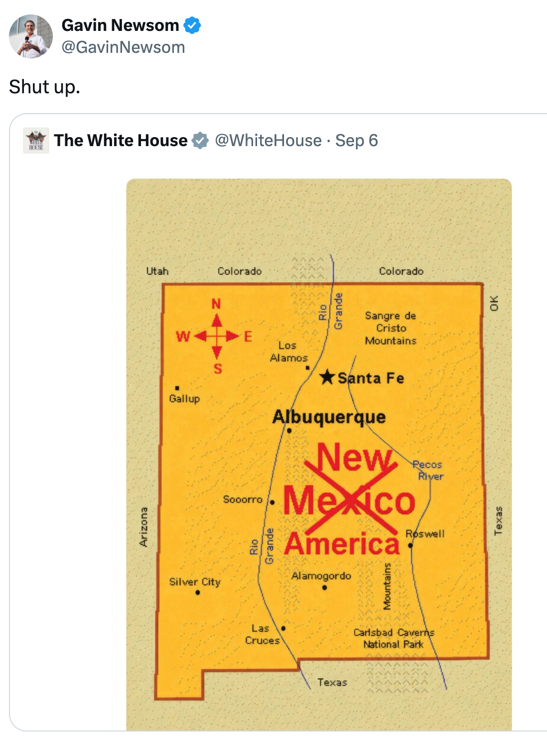 Et kart som viser New Mexico merket som en del av Texas. En tweet fra Gavin Newsom som sa: