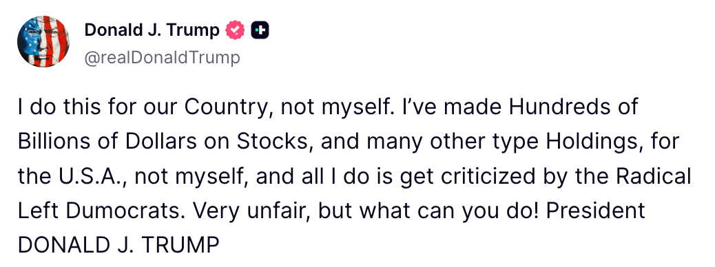 Donald J. Trump tvitret om personlige økonomiske ofre for USA og kritiserer politiske motstandere