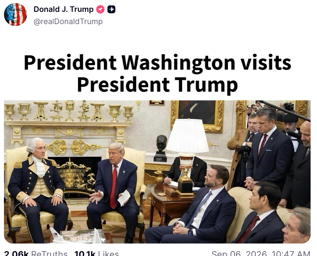 En historisk reenaktør kledd som president Washington sitter sammen med tidligere president Trump i et utsmykket rom, omgitt av passende personer