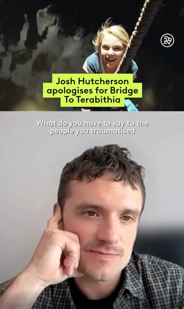 Split image of a woman riding a swing at the top and a man with a thoughtful expression below. Text apologizes for "Bridge to Terabithia."
