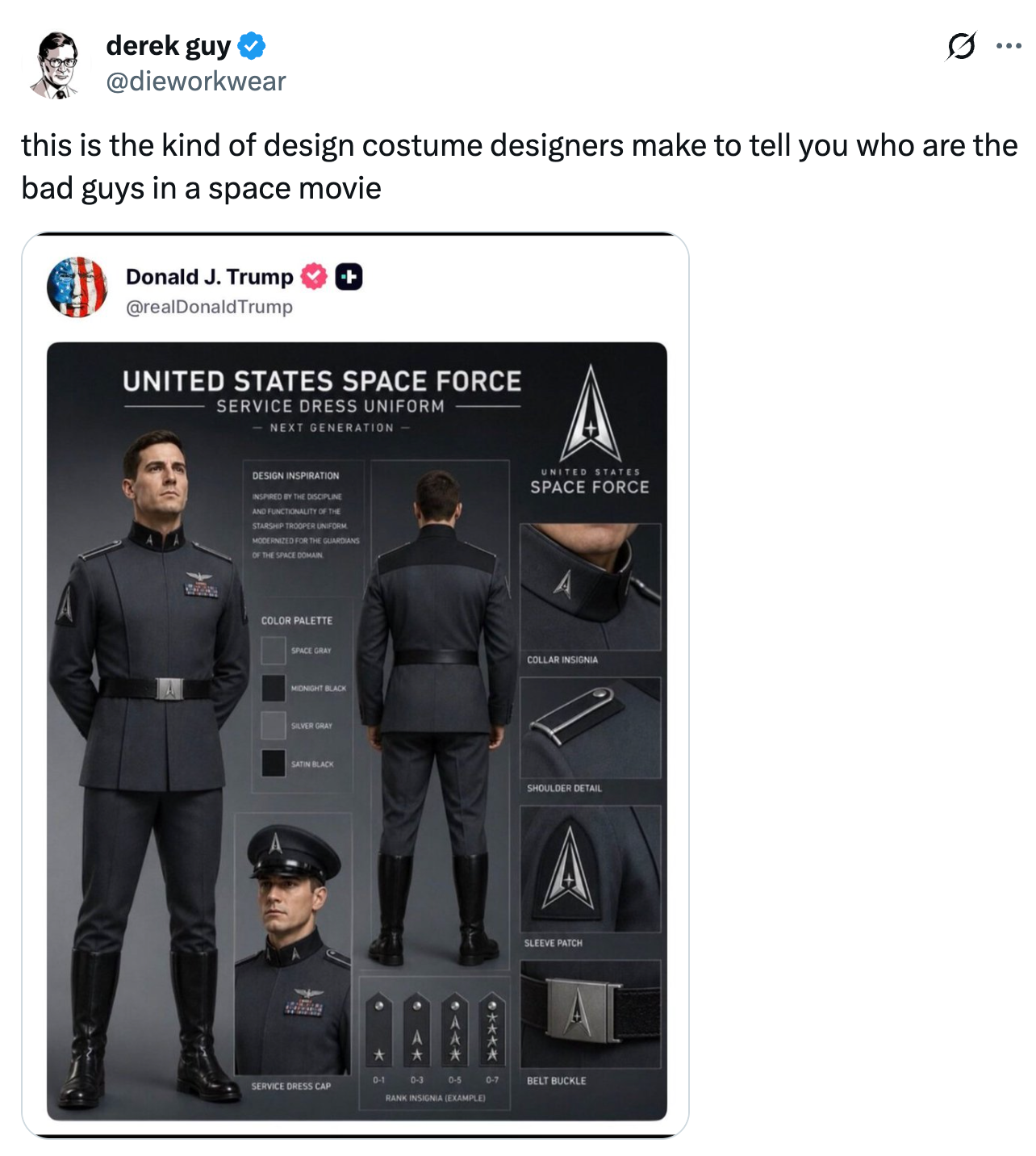 Mock-up av en Space Force kjoleuniform, som ligner futuristisk militærantrekk, med bemerkelsesverdige designtrekk fremhevet