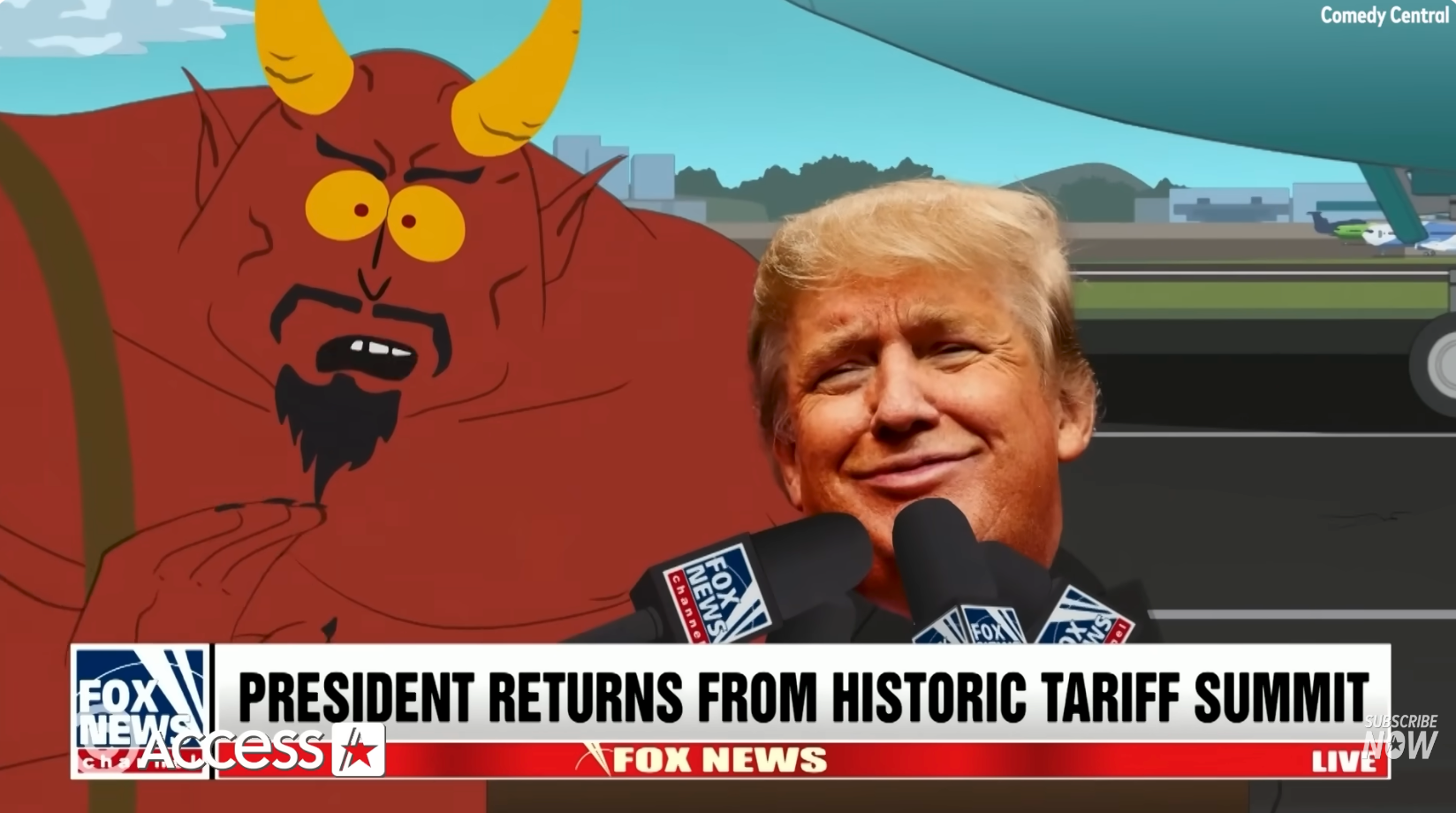 Tegneserieparodi: En djevelsk figur står ved siden av en mann som ligner en tidligere amerikansk president på en pressebegivenhet