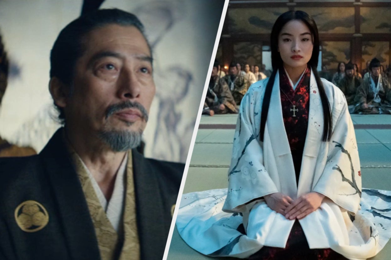 Two scenes from a historical drama: a man in a traditional suit and a woman in an elaborate robe meditating in a hall with onlookers